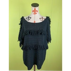 Denim 24/7 sweater Sz M 14/16 Pullover short sleeves black fringe knit